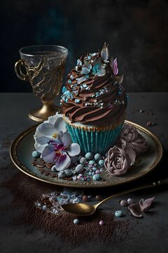 a cup of coffee that creates wonderful things, exquisite detail, background flowers, plate with cakes,  , a chocolate candys