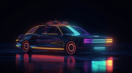 Obraz na płótnie Canvas Neon glowing car in black background. AI generated