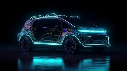 Fototapeta na wymiar Neon glowing car in black background. AI generated