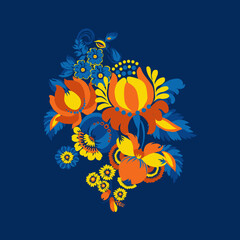 Traditional Ukrainian painting of Petrykivka. Elements of blue and yellow floral ornament. Decorative composition.