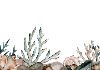 Seamless repeating border with watercolor seaweed and coral, fish. Hand painted stone, seashells pattern. Watercolor vintage ocean background. Original hand drawn illustration. Marine design.