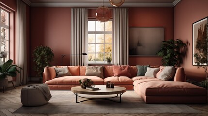 Coral or terracotta living room accent sectional. Al generated