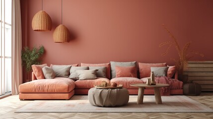 Fototapeta na wymiar Coral or terracotta living room accent sectional. Al generated