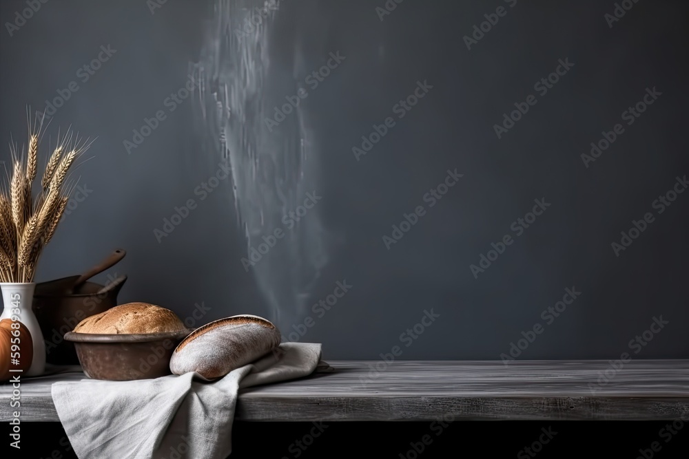 Canvas Prints rustic table set with bread and a bowl. Generative AI