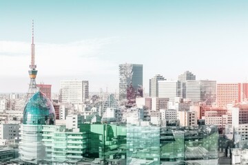 Transparent layers of Nagoya's iconic buildings in gradient skyline. Generative AI