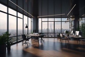 3D rendered coworking office with panoramic city view, modern furniture and equipment. Generative AI