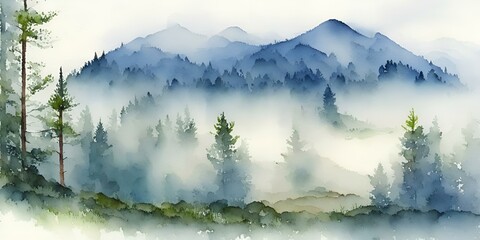 Landscape, early morning, mountains in the fog in the background