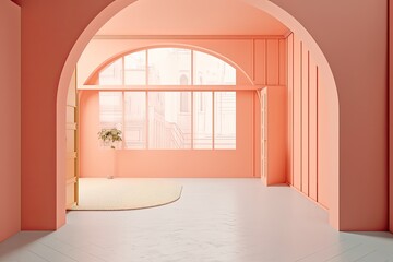 vibrant pink room with an ornate archway and a patterned rug on the floor. Generative AI