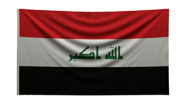 Textured flag. The flag of Iraq hangs on the wall. Texture of dense fabric. The flag is pinned to the wall. Iraq flag on a transparent background. 3D render