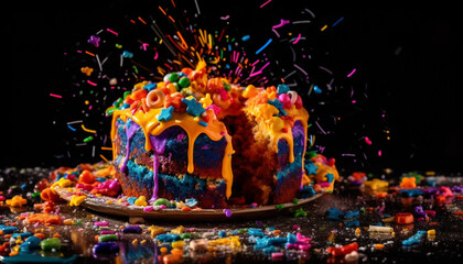 Birthday Cake Explosion: A Colorful Close-Up of a Joyful Smash, Lit by Studio Lights, and Set in a Dynamic Environment - Generative AI