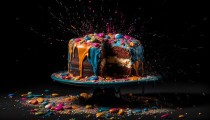 Birthday cake explosion with flying sprinkles captured in vibrant close-up shot, conveying joy and excitement in a dynamic studio setting. - Generative AI