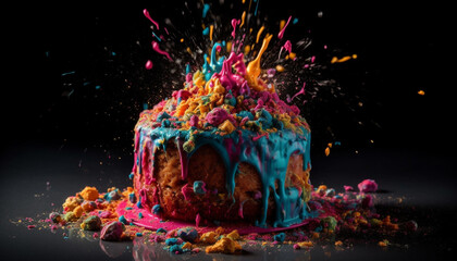 Birthday Cake Smash with Flying Sprinkles and Explosions of Color and Texture, Lit by Dramatic Lights, Captured in Close-Up Shot - Generative AI