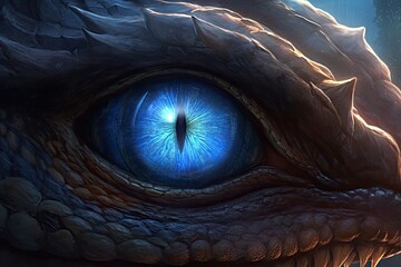 detailed close-up of a dragon's eye, featuring intricate scales and mesmerizing colors. Generative AI
