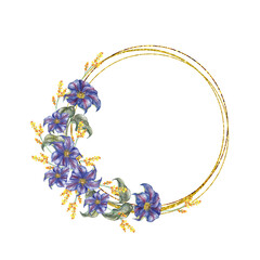 Watercolor drawing, frame, banner, border twig with blue flowers. Clematis, bluebell, bindweed. Illustration for gift, postcard and packaging design.