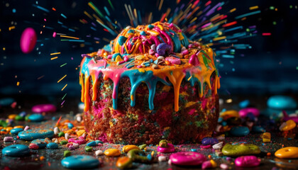 Obraz na płótnie Canvas Birthday Cake Explosion: A Close-up Shot of Flying Sprinkles and Bold Colors, Lit by Dramatic Studio Lights in a Chaotic Environment - Generative AI