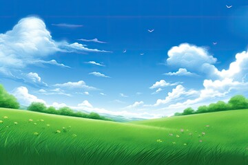 serene landscape with green fields and a blue sky. Generative AI