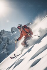 A man skiing down a snow-covered mountain slope in Switzerland. Generative AI