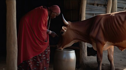A Masai woman milks a cow in traditional clothing. Generative AI