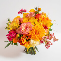 bouquet of yellow orange red happy ranunculus on a white, light background, for wedding, bridal bouquet, festive , gift, for birthday, concept, for florists, designers, interior, congratulations, gift