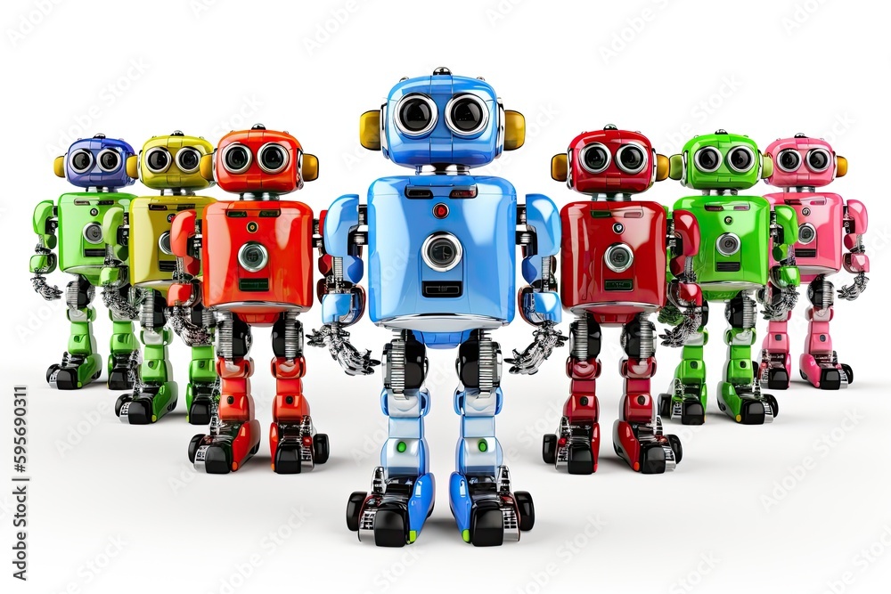 Poster group of colorful robots standing together in a futuristic setting. generative ai