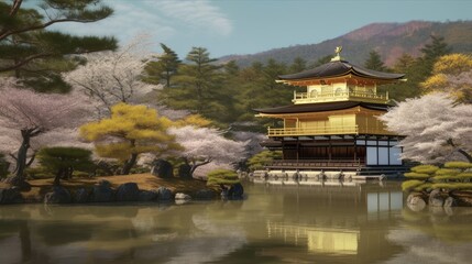 A serene watercolor of the Kinkaku-ji temple in Japan. Generative AI