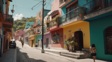 Fototapeta na wymiar Colorful houses on a narrow city street in italy. Generative AI