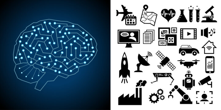 Illustration d&rsquo;un cerveau sur l&rsquo;intelligence artificielle avec une collection d&rsquo;ic&ocirc;nes sur diff&eacute;rents secteurs d&rsquo;activit&eacute; de l&rsquo;IA : robotique, art, sant&eacute;, recherche, espace, industrie etc.