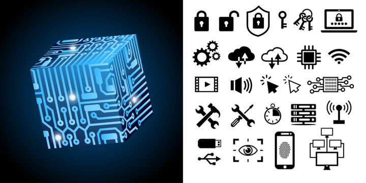 Illustration de microprocesseur en forme de cube avec une collection d&rsquo;ic&ocirc;nes sur la technologie informatique et l&rsquo;intelligence artificielle : cloud, s&eacute;curit&eacute;, r&eacute;seau, outil, clef, verrou, wi-fi,, etc