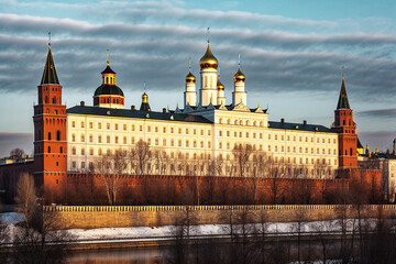 Fototapeta na wymiar A Photograph of the Impressive and Imposing Kremlin at Sunset - generative ai