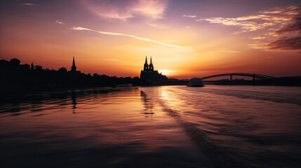 Naklejka premium Rhine River at Sunset with Cologne Cathedral in Silhouette - generative ai