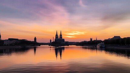 Fototapeta na wymiar Rhine River at Sunset with Cologne Cathedral in Silhouette - generative ai