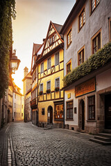 Fototapeta na wymiar A Photograph of a Town Resembling Rothenburg ob der Tauber's Old Town with Warm Golden Light - generative ai
