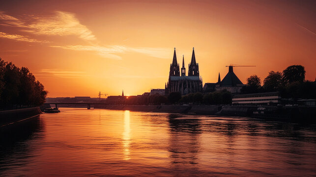 Rhine River at Sunset with Cologne Cathedral in Silhouette - generative ai