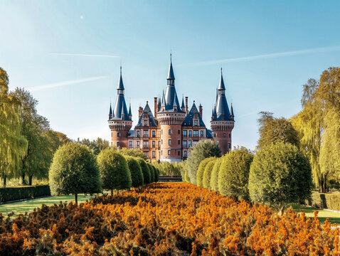 A Majestic Castle with Beautiful Gardens in Warm and Cool Tones - generative ai