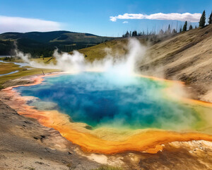 Yellowstone National Park during Mid-Journey with Hot Spring Pools and Geysers - generative ai