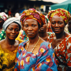 A Group of Women in Brightly Colored Clothing at a Market in Accra, Ghana - generative ai - obrazy, fototapety, plakaty
