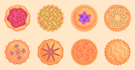 Pie top view. Cooked tasty round food pastry pie desserts exact vector illustrations