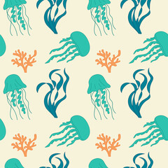 Cartoon Hand drawn Jellyfish and seaweed Background. Seamless Pattern of the Underwater world. Summer cute nautical illustration for covers, fabric print, wallpapers, brochures