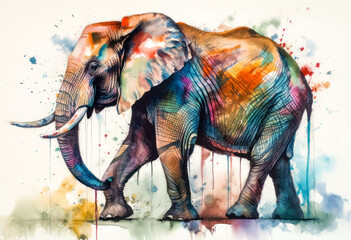 Multicolored ink wash painting of a full body elephant, AI, Generative, Generative AI