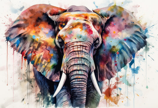 Multicolored ink wash painting of an elephant head, AI, Generative, Generative AI