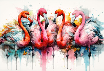 Multicolored ink wash painting of a group of full body flamingos, AI, Generative, Generative AI