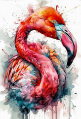 Multicolored ink wash painting of a upper body flamingo, AI, Generative, Generative AI