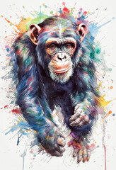 Multicolored ink wash painting of a full body chimpanzee walking, AI, Generative, Generative AI