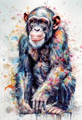 Multicolored ink wash painting of a full body chimpanzee sitting, AI, Generative, Generative AI