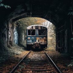 Plakat Forgotten Relic: Abandoned Rusted Train on Railway Track - generative ai