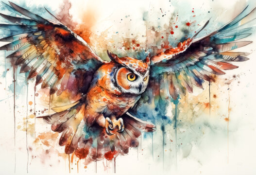 Multicolored ink wash painting of a full body owl flying, AI, Generative, Generative AI