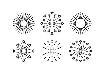 Set of burst stars and sparks. Firework outline icon. Line sparkle explosion. Happy new year shiny symbol. Birthday party elements isolated on white background. Vector illustration.