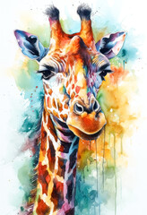 Multicolored ink wash painting of a giraffe head, AI, Generative, Generative AI