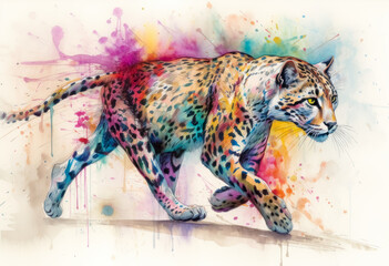 Multicolored ink wash painting of a full body ocelot walking, AI, Generative, Generative AI