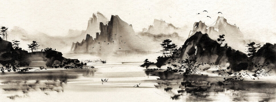 Mountain Range with Lake in Sumi-e Style - generative ai